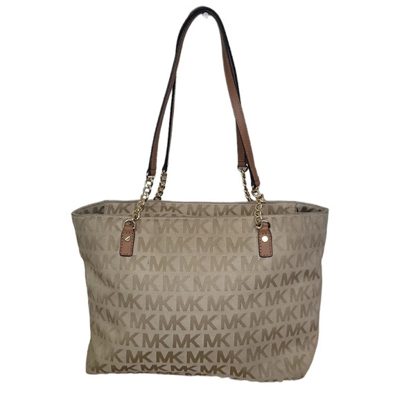 Michael Kors Beige/Cognac Signature Canvas Leather Tote - Picture 1 of 6
